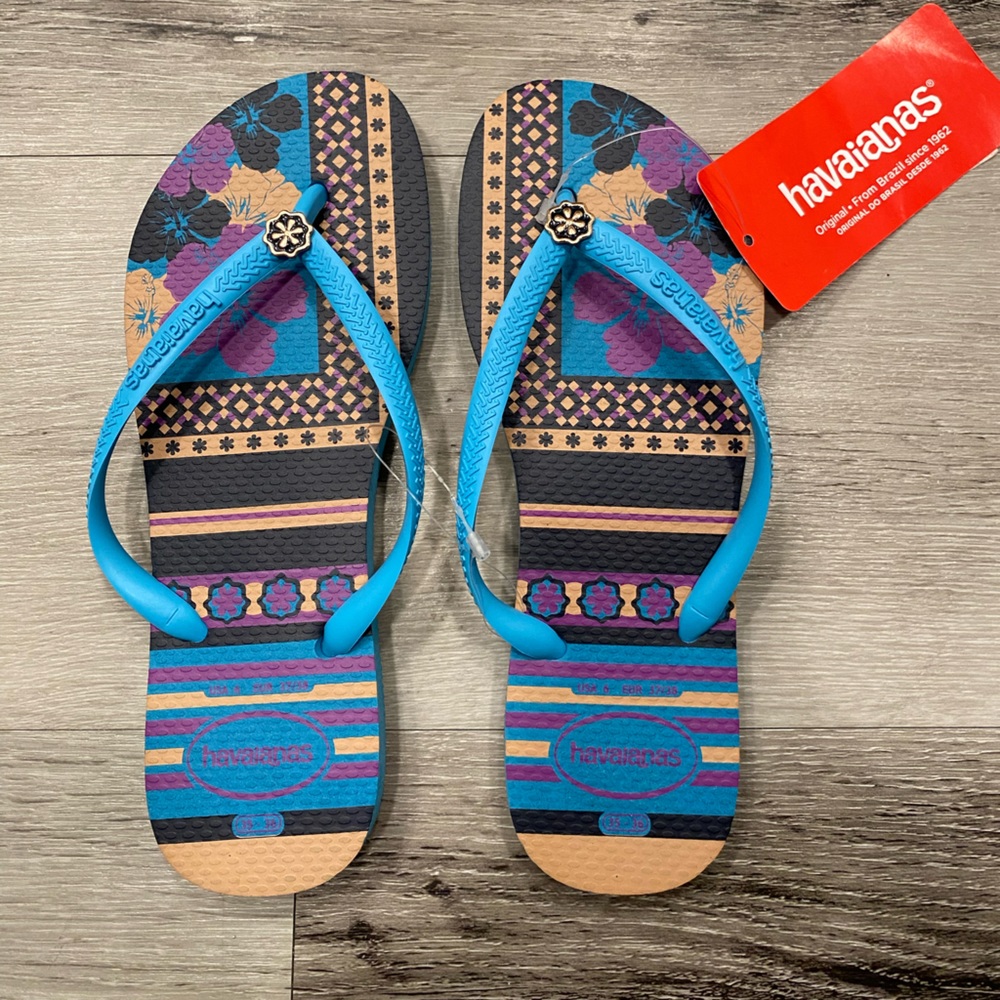 HAVAIANAS Slim Blue flip flops with Hawaiian hibiscus flower print Women’s Size6